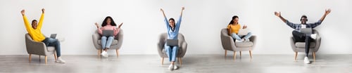 Preview: Glad diverse young people with laptops sitting celebrating success, collage