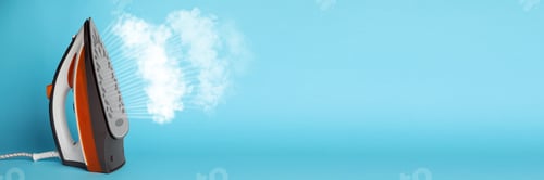 Vista previa: Modern iron with steam on light blue background, space for text. Banner design