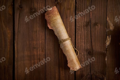 Preview: Aged parchment scroll is laid out on a wooden surface.