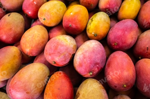 Preview: Stacks Of Mango Fruits In Vivid Red Color At Traditional Marketplace, Taiwan