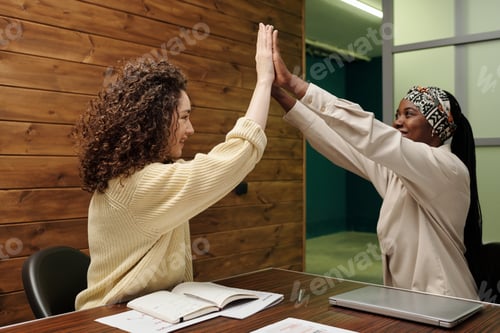 Preview: Two happy young interracial businesswomen giving one another high five