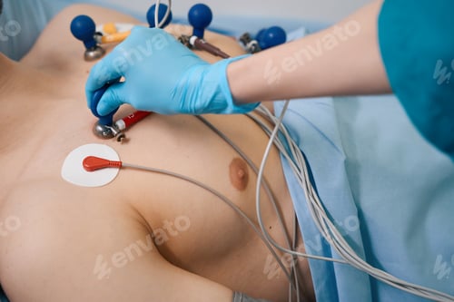 Preview: Medical worker in protective gloves attaches suction cups to patient