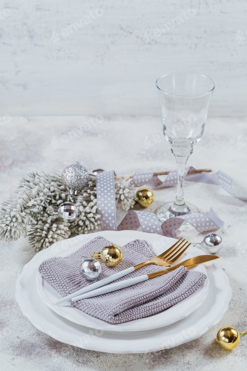 Preview: Christmas table place setting and winter holiday decorations