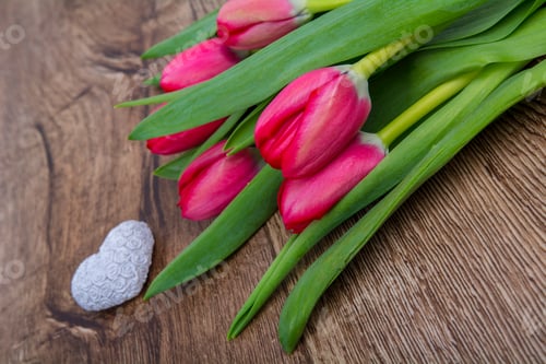 Preview: Pink Tulips and a White Heart on Wood