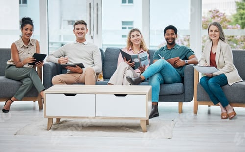 Preview: Portrait of group reading books, learning and socializing. Professional, multiracial coworkers sitt