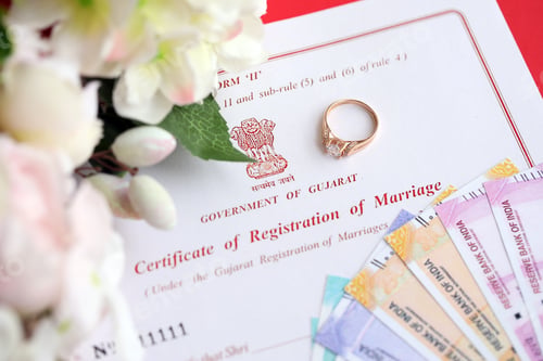 Preview: Indian Certificate of registration of marriage blank document and wedding ring with rupiah money
