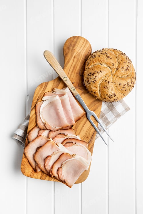 Preview: Sliced smoked ham. Tasty pork meat.