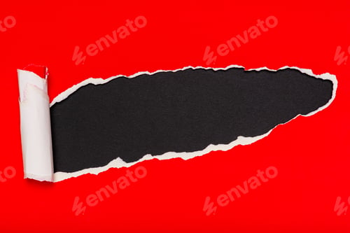 Preview: Vivid Red Torn Paper Revealing Black Background Surface Texture Design