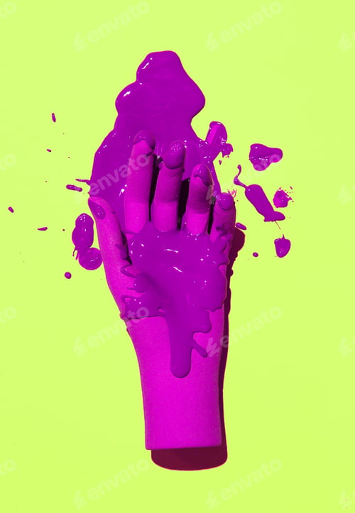 Preview: Fake hand and stain of purple paint on fresh green background. Minimalist creative wallpaper