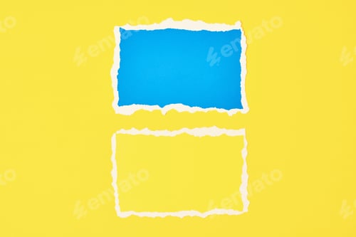 Preview: Two ripped paper torn edge sheets on a yellow background. Template with piece of color paper