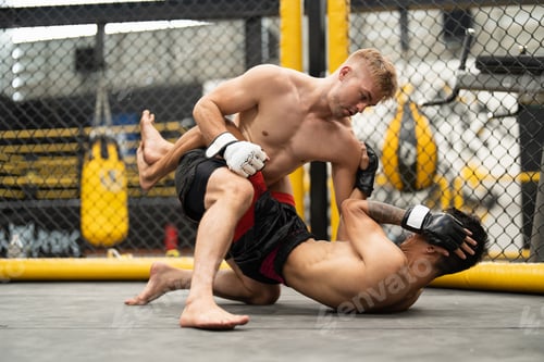 Preview: Athletes men boxers MMA fighter fight in a cage boxing ring octagon, Boxer kickboxing in gym.