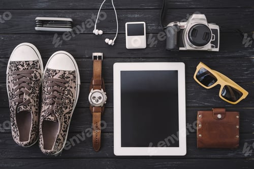 Preview: Outfit of male or female traveler, student, teenager, hipster.