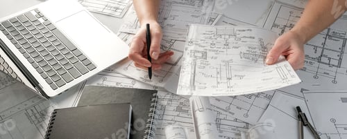Preview: Architects concept, engineer architect designer freelance work on start-up project drawing, construc