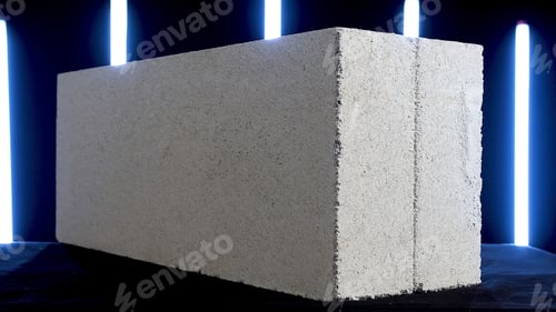 Preview: Demonstration of white concrete block on black background with sveral blue neon lamps. Stock footage