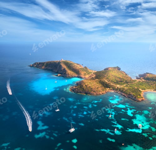 Preview: Aerial view of island, sea bay with clear azure water, boats