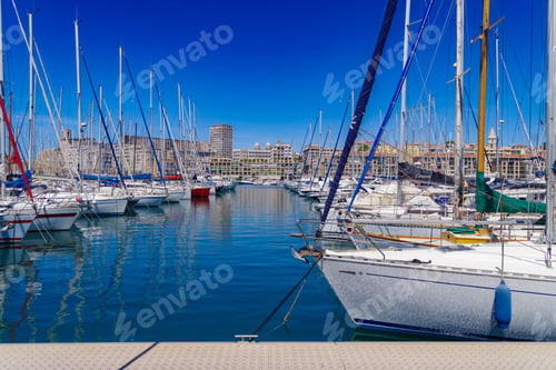 Preview: Moored sailboats in the harbor. Vieux Port, Marseille, France.