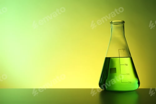 Preview: Conical flask with liquid on table against color background. Chemistry laboratory glassware