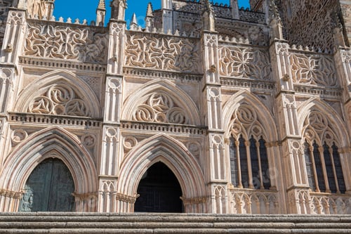 Preview: Main facade of the 14th-century Royal Monastery of Guadalupe in Gothic style, Spain