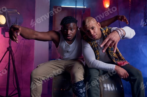 Preview: Two friends rappers freestyling together in modern garage studio