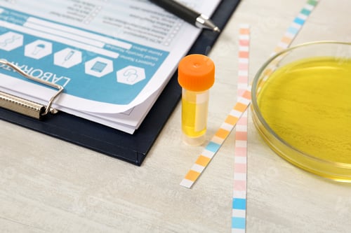 Preview: Container with urine sample for analysis, litmus paper and medical report on table in laboratory