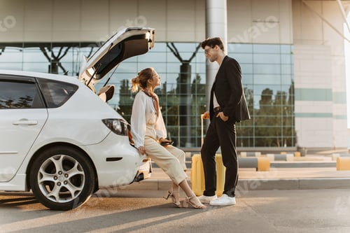 Preview: Happy brunette man in eyeglasses talks to attractive blonde woman sitting in car trunk. Charming la