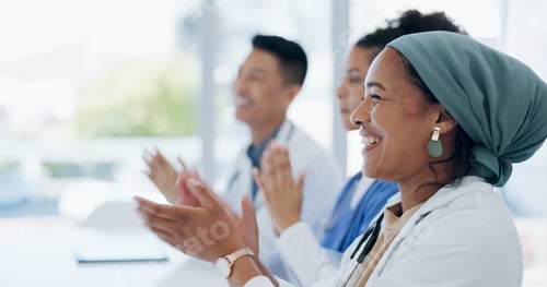 Preview: Applause, success and winner with doctors in meeting for presentation, medical and research. Traini