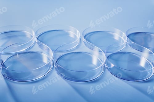 Preview: Clear glass petri dishes on blue background symbolizing science and development