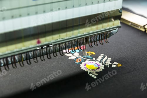 Preview: Sewing machine in work, textile fabric, nobody