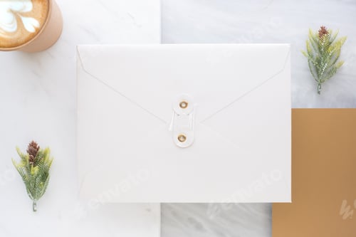 Preview: Top view of blank white envelop overlap on gold card with hot coffee cup and pine leaf on table