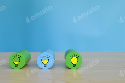 Preview: Wooden block with light bulb symbols. Business success and create idea concept