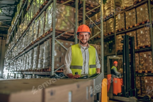 Preview: Delivering. Two Workers In Helmets And Vests Preparing Containers For Delivering