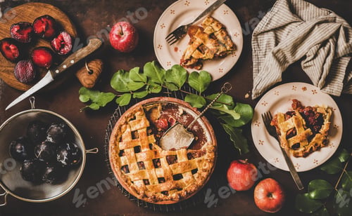 Preview: Flat-lay of apple and plum pie and tea setting