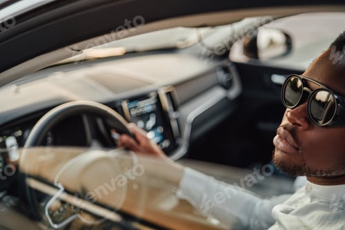 Preview: African business man inside of car holding wheel