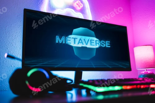 Preview: Metaverse and Blockchain Technology - Gaming room display futuristic virtual reality on pc screen