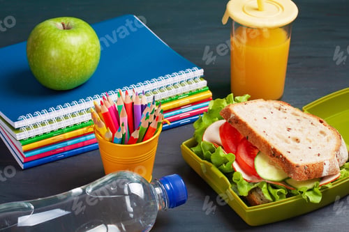 Preview: Fresh sandwich and apple for healthy lunch in the plastic lunch box