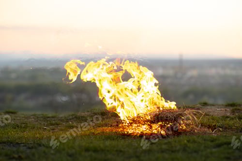 Preview: Big bright bonfire bugning at field in evening