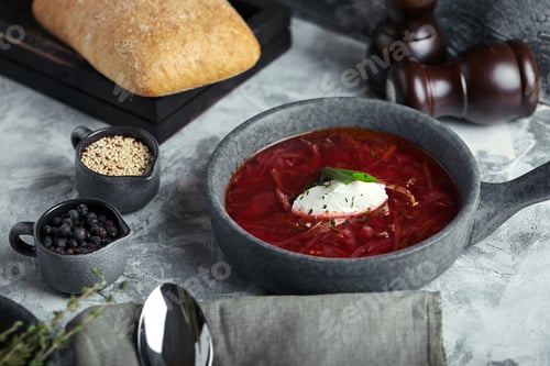 Preview: Traditional Ukrainian Russian borsch with sour cream on a bowl. A plate of red beetroot soup borsch