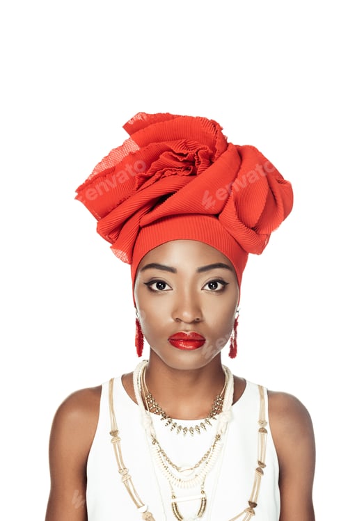 Preview: attractive african american woman in stylish clothing isolated on white