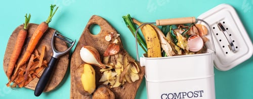 Preview: Sustainable and zero waste living. Vegetable waste in recycling compost pot. top view. Copy space