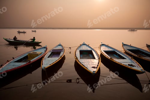 Preview: The sacred Ganges River at dawn, in Varanasi, India