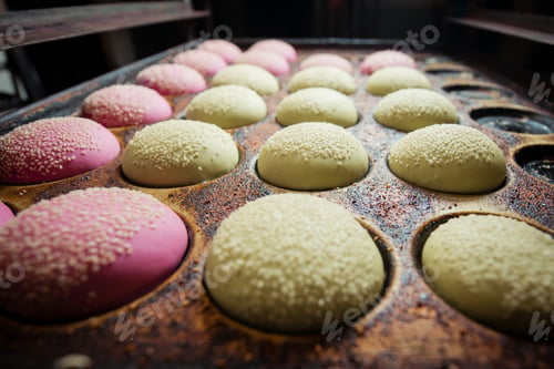 Preview: Multicolored buns for burgers on a baking tray