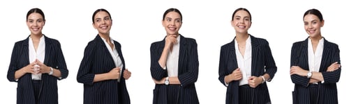 Preview: Beautiful businesswoman in suit on white background, collage of portraits
