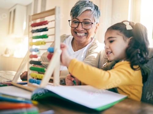 Preview: Education, family and child with grandmother, abacus or counting, project or homeschool, kindergart