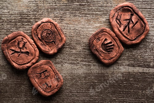 Preview: Top View of Shamanic Clay Amulets With Signs on Wooden Surface