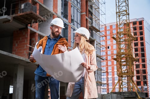 Preview: Man and woman studying building plan at construction site.