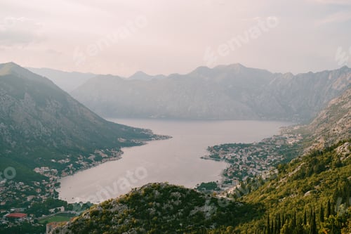 Preview: View from Mount Lovcen to the Bay of Kotor surrounded by a mountain range. Montenegro
