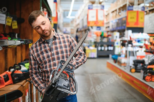 Preview: Worke holds electric saw in tool store