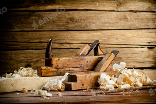 Preview: Working tool. Planer with wooden shavings.