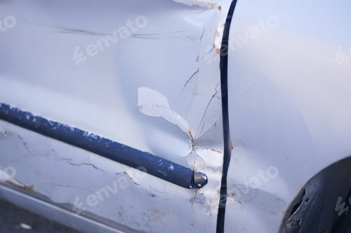 Preview: Car with significant body damage parked near the roadside