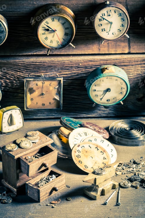 Preview: Aged watchmaker's room with clocks to repair